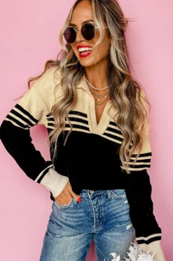 Hot Dear-Lover Colorblock Stripe Collared V Neck Sweater Black