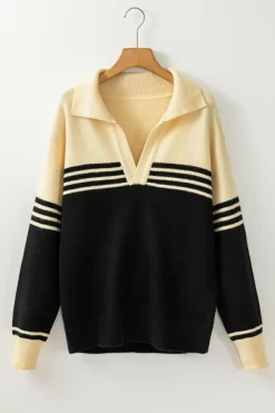 Hot Dear-Lover Colorblock Stripe Collared V Neck Sweater Black