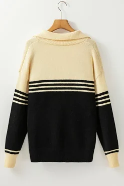Hot Dear-Lover Colorblock Stripe Collared V Neck Sweater Black