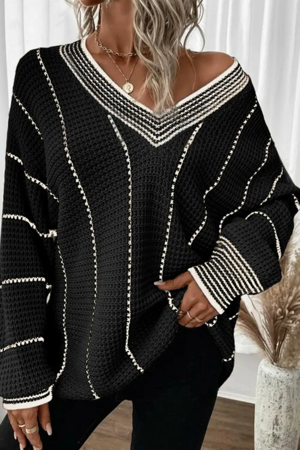 Online Dear-Lover Colorblock Striped V Neck Knitted Loose Sweater Black