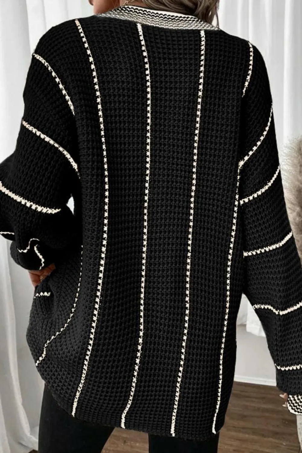 Online Dear-Lover Colorblock Striped V Neck Knitted Loose Sweater Black