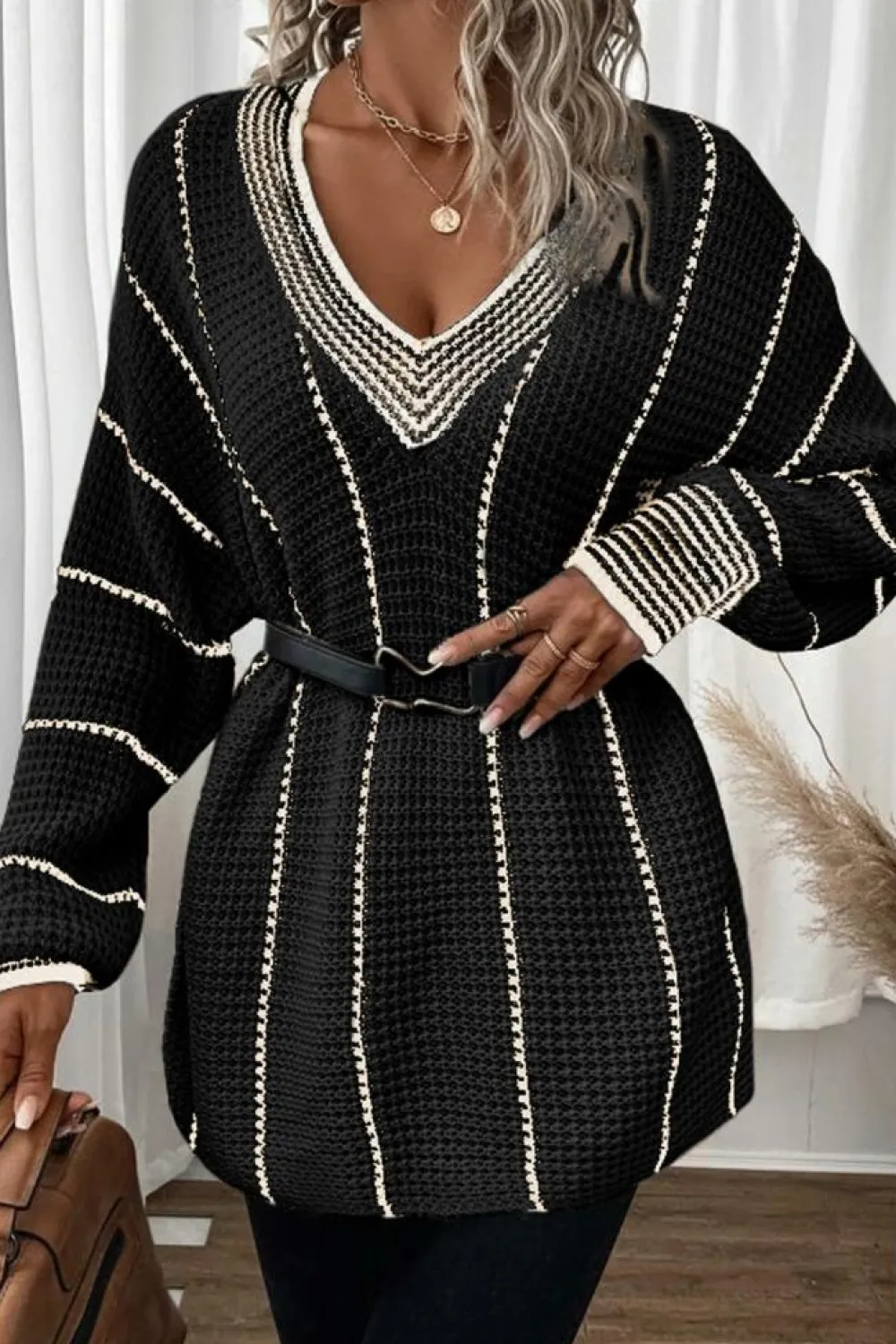 Online Dear-Lover Colorblock Striped V Neck Knitted Loose Sweater Black