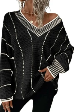 Online Dear-Lover Colorblock Striped V Neck Knitted Loose Sweater Black