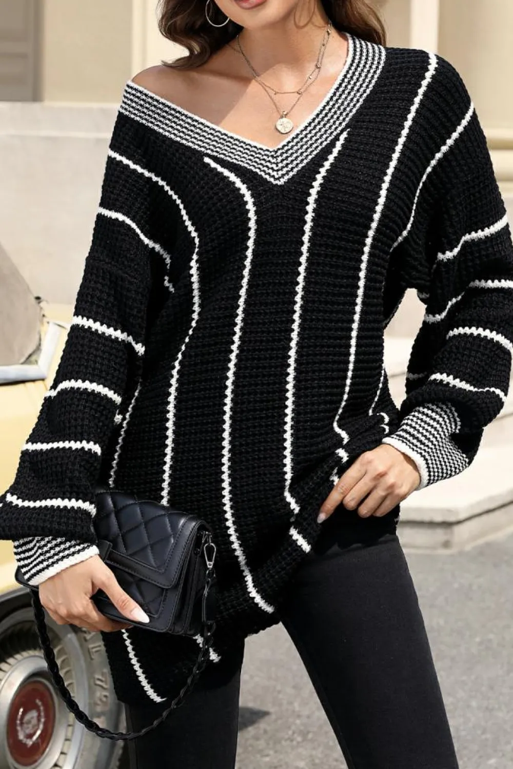Online Dear-Lover Colorblock Striped V Neck Knitted Loose Sweater Black
