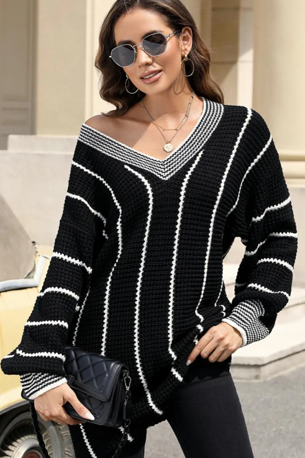 Online Dear-Lover Colorblock Striped V Neck Knitted Loose Sweater Black