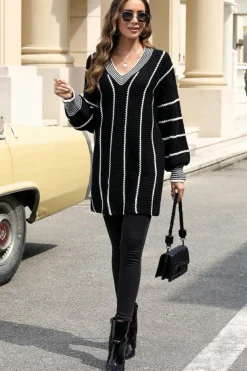 Online Dear-Lover Colorblock Striped V Neck Knitted Loose Sweater Black