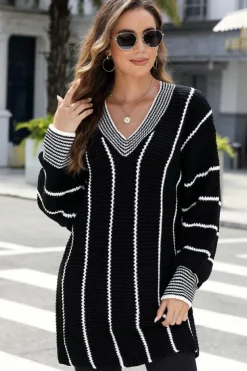 Online Dear-Lover Colorblock Striped V Neck Knitted Loose Sweater Black