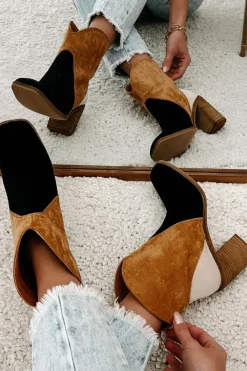 Clearance Dear-Lover Colorblock Suede Heeled Ankle Booties Black