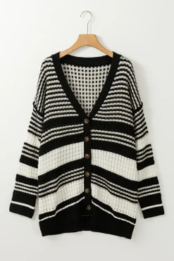 Online Dear-Lover Colorblock Textured Knit Buttoned Cardigan Black