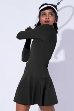 New Dear-Lover Colorblock Trim Front Cut out Long Sleeve Active Dress Black