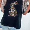 Discount Dear-Lover Colorful Floral Bunny Graphic Easter T Shirt Black