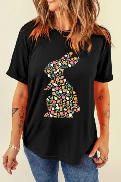 Discount Dear-Lover Colorful Floral Bunny Graphic Easter T Shirt Black