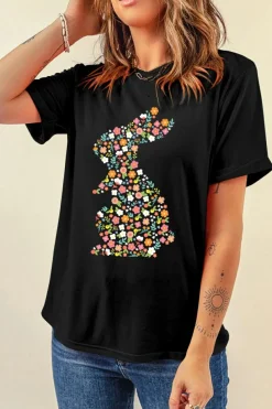 Discount Dear-Lover Colorful Floral Bunny Graphic Easter T Shirt Black
