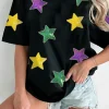 Discount Dear-Lover Colorful Sequin Stars Patched Relaxed T Shirt Black