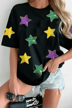 Discount Dear-Lover Colorful Sequin Stars Patched Relaxed T Shirt Black