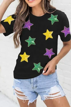 Discount Dear-Lover Colorful Sequin Stars Patched Relaxed T Shirt Black