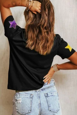Discount Dear-Lover Colorful Sequin Stars Patched Relaxed T Shirt Black