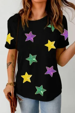 Discount Dear-Lover Colorful Sequin Stars Patched Relaxed T Shirt Black