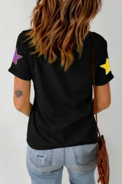 Discount Dear-Lover Colorful Sequin Stars Patched Relaxed T Shirt Black