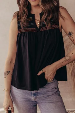 Outlet Dear-Lover Colorful Shirred Yoke Notched V Neck Tank Top Black