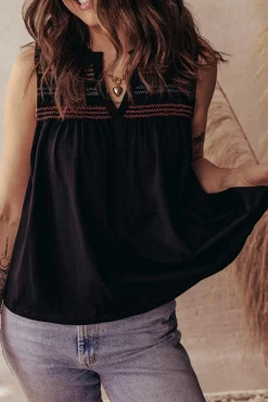 Outlet Dear-Lover Colorful Shirred Yoke Notched V Neck Tank Top Black