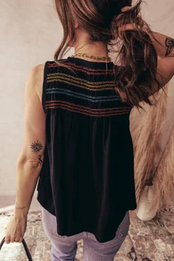 Outlet Dear-Lover Colorful Shirred Yoke Notched V Neck Tank Top Black