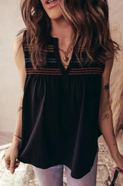Outlet Dear-Lover Colorful Shirred Yoke Notched V Neck Tank Top Black