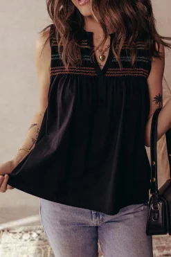 Outlet Dear-Lover Colorful Shirred Yoke Notched V Neck Tank Top Black