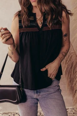 Outlet Dear-Lover Colorful Shirred Yoke Notched V Neck Tank Top Black