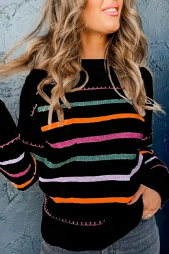 Best Dear-Lover Colorful Striped Ribbed Trim Sweater Black