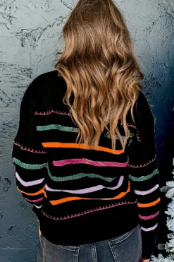 Best Dear-Lover Colorful Striped Ribbed Trim Sweater Black