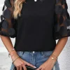 Hot Dear-Lover Contrast Applique Mesh Half Sleeve Blouse Black