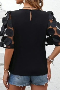 Hot Dear-Lover Contrast Applique Mesh Half Sleeve Blouse Black