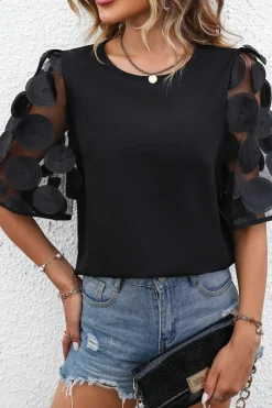 Hot Dear-Lover Contrast Applique Mesh Half Sleeve Blouse Black