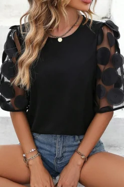 Hot Dear-Lover Contrast Applique Mesh Half Sleeve Blouse Black