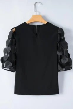 Hot Dear-Lover Contrast Applique Mesh Half Sleeve Blouse Black