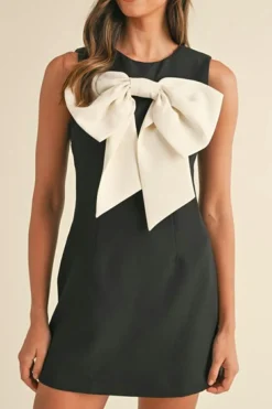 New Dear-Lover Black Contrast Bowknot Applique Crew Neck Sleeveless Mini Dress Color black