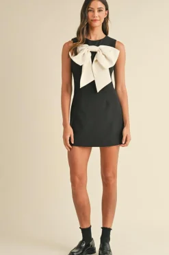 New Dear-Lover Black Contrast Bowknot Applique Crew Neck Sleeveless Mini Dress Color black