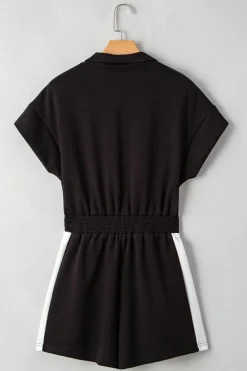 Online Dear-Lover Contrast Collar Patchwork Zip Front Romper Black