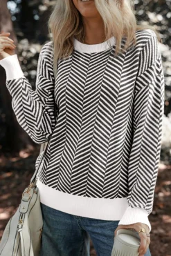 Clearance Dear-Lover Contrast Edge Crew Neck Drop Shoulder Sweater Black