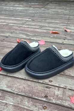 Outlet Dear-Lover Contrast Edge Suede Plush Lined Thick Sole Winter Slippers Black