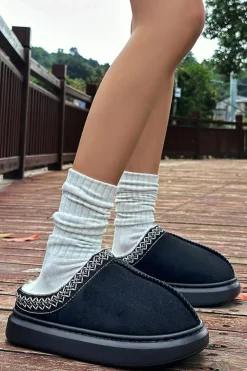 Outlet Dear-Lover Contrast Edge Suede Plush Lined Thick Sole Winter Slippers Black