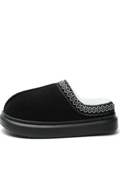 Outlet Dear-Lover Contrast Edge Suede Plush Lined Thick Sole Winter Slippers Black