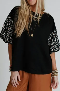 Discount Dear-Lover Contrast Floral Puff Sleeve Oversized Top Black