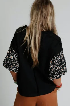 Discount Dear-Lover Contrast Floral Puff Sleeve Oversized Top Black