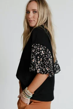 Discount Dear-Lover Contrast Floral Puff Sleeve Oversized Top Black