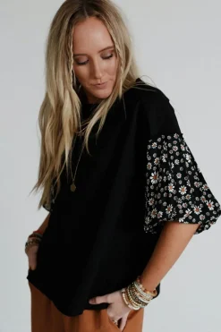 Discount Dear-Lover Contrast Floral Puff Sleeve Oversized Top Black