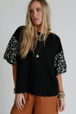 Discount Dear-Lover Contrast Floral Puff Sleeve Oversized Top Black