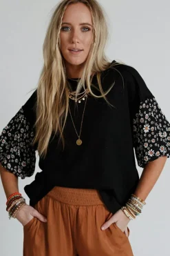 Discount Dear-Lover Contrast Floral Puff Sleeve Oversized Top Black