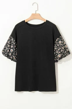Discount Dear-Lover Contrast Floral Puff Sleeve Oversized Top Black